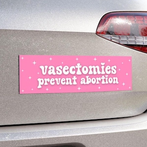 May include: Pink car bumper sticker with white text that reads "vasectomies prevent abortion" with white stars around the text.