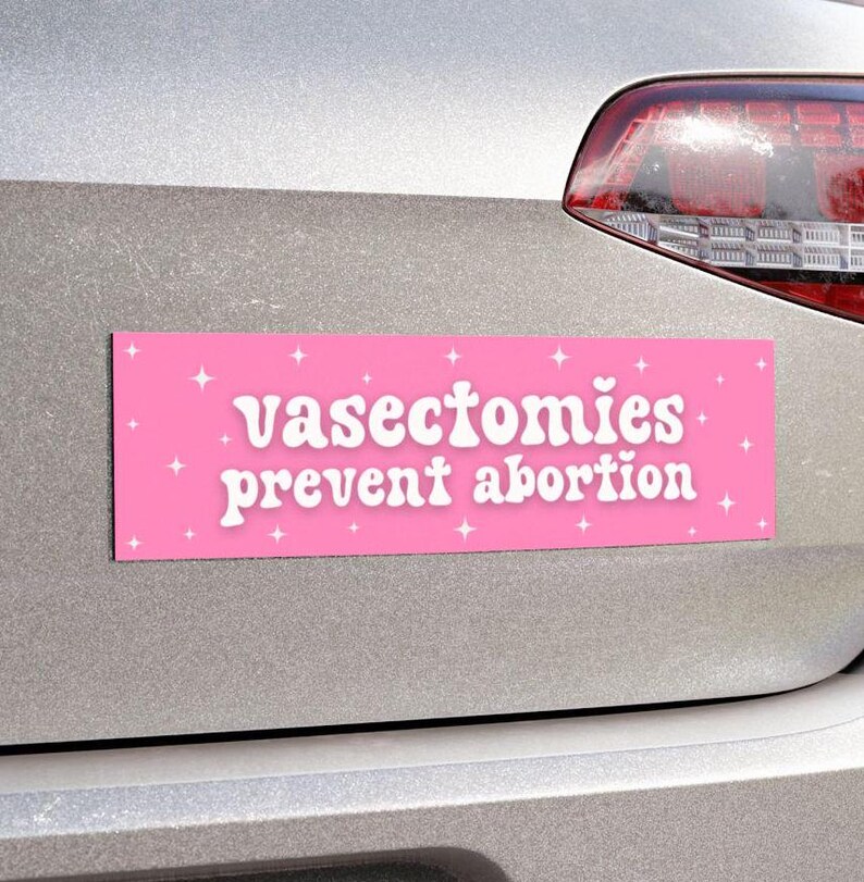 May include: Pink car bumper sticker with white text that reads "vasectomies prevent abortion" with white stars around the text.