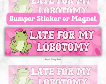 May include: A pink bumper sticker or magnet with a cartoon frog wearing a peace sign and the text "LATE FOR MY LOBOTOMY".