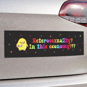 Puede incluir: Una pegatina negra para parachoques con un pollito amarillo de dibujos animados que sostiene un cuchillo. El texto de la pegatina dice "Heterosexuality? In this economy?!?" en colores arcoíris.