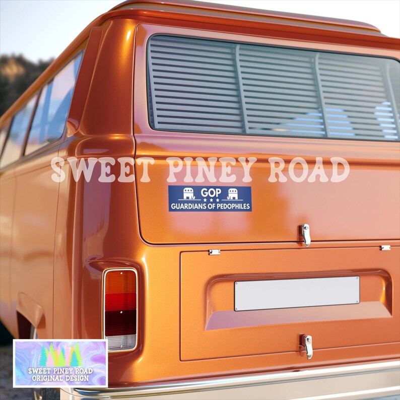 May include: Rear view of an orange vintage van with the text "SWEET PINEY ROAD" in white. A blue bumper sticker reads "GOP GUARDIANS OF PEDOPHILES". The van has a rear window with horizontal blinds and a rectangular license plate area.