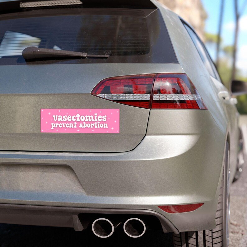 May include: A pink bumper sticker with white stars and the text "vasectomies prevent abortion" on a silver car.