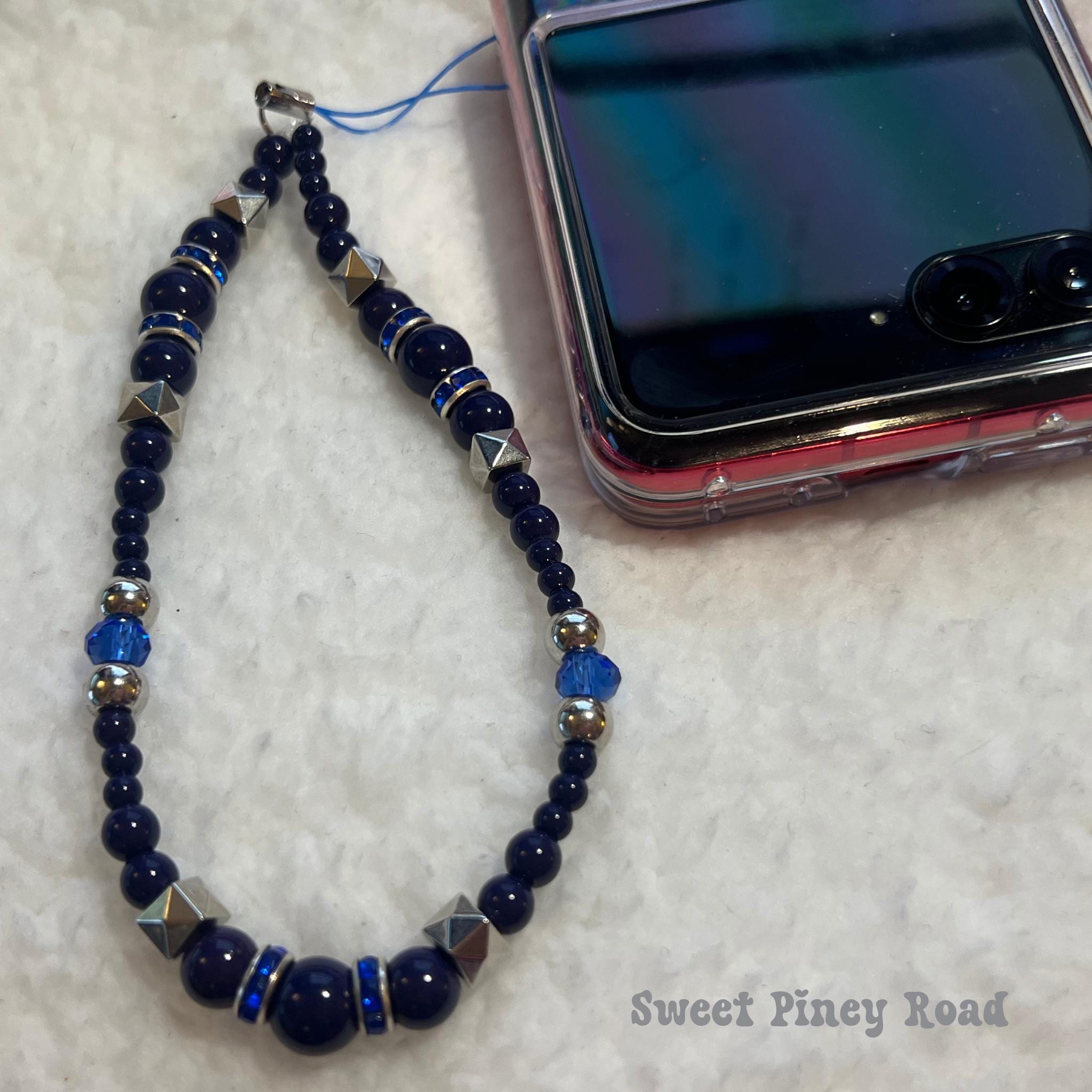 Dark Blue Beaded Phone Charm Strap, Chain Cellphone Strap Lanyard