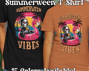 Camiseta Summerween, camiseta de verão para o Halloween, camiseta de praia para o verão, camiseta feminina da moda para o Halloween, camiseta com estampa de abóbora assustadora