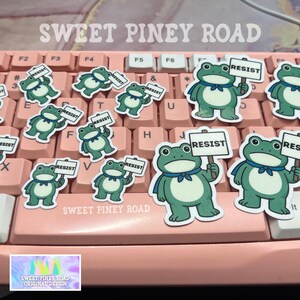 Puede incluir: Pegatinas de ranas sobre un teclado rosa. Cada pegatina muestra una rana verde sosteniendo un cartel con la palabra "RESIST". El texto "SWEET PINEY ROAD" tambi&eacute;n es visible.