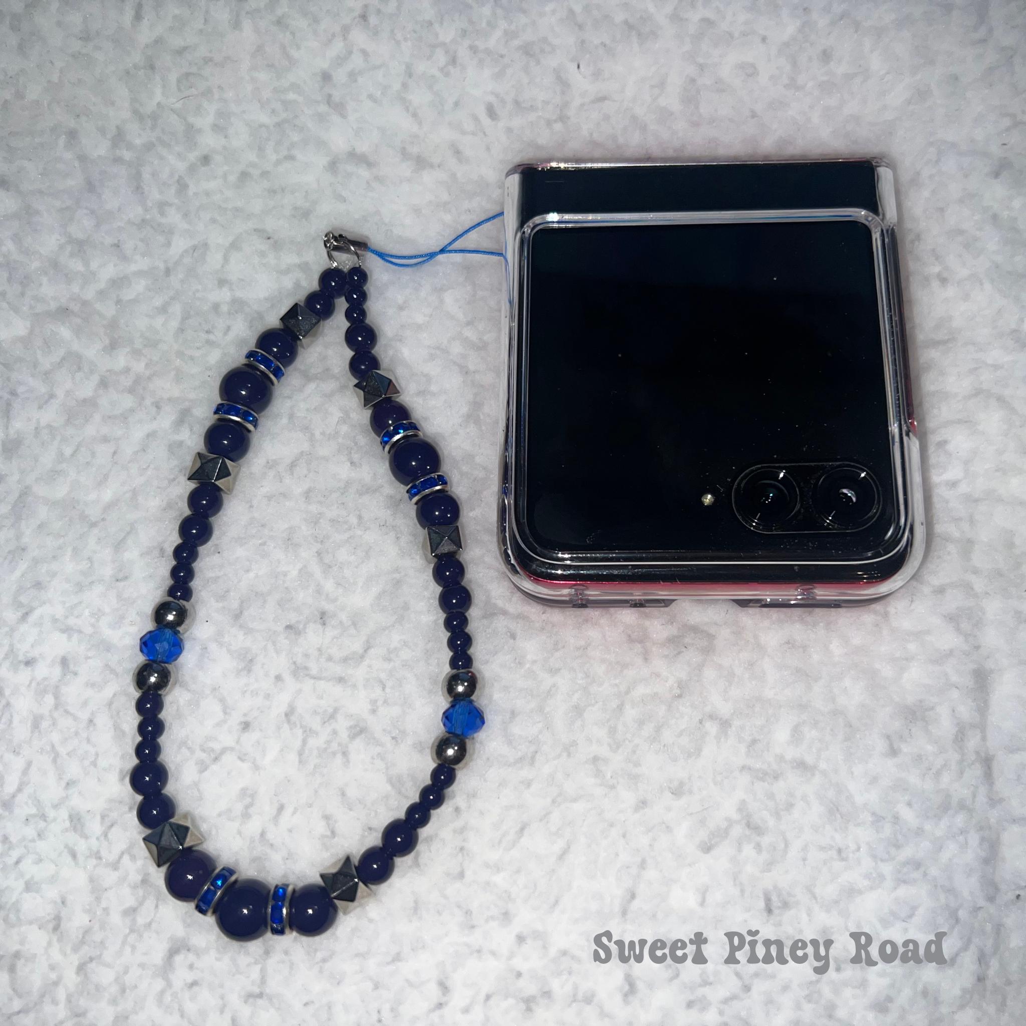 Dark Blue Beaded Phone Charm Strap, Chain Cellphone Strap Lanyard