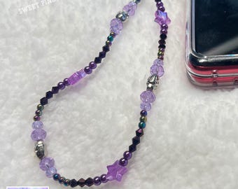 Lila Schädel Perlen Armband, Universal Fit, Armband mit Handschlaufe, Hands-Free Armband, Y2K Girly Vibes Stars Straps Geschenk