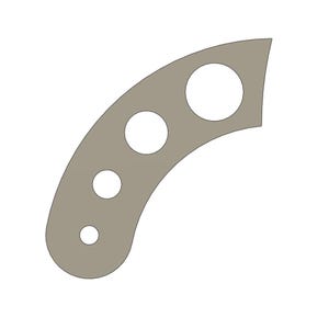 May include: A curved, taupe-colored metal piece with four circular cutouts of varying sizes. The design has a smooth, rounded shape with a slightly irregular edge on one side. The object is set against a plain white background.