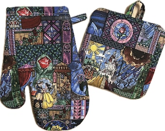 Beauty and the Beast Stained Glass Oven Mitt and Pot Holder Potholder set.   Belle, Gaston…