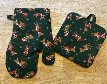 Rudolph the Red Nosed Reindeer - Green-  Oven Mitt and Pot Holder Set.  Potholder trivet.