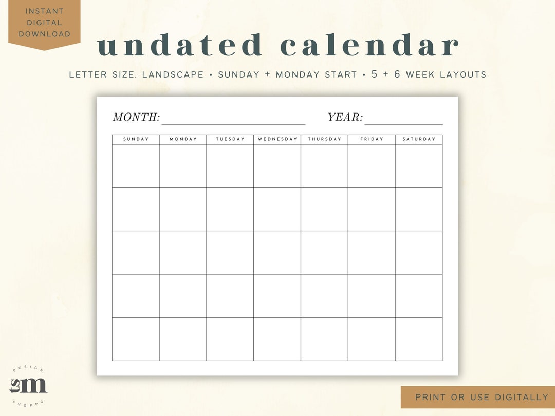 Undated Calendar | Blank Calendar Printable | Digital Calendar Undated ...