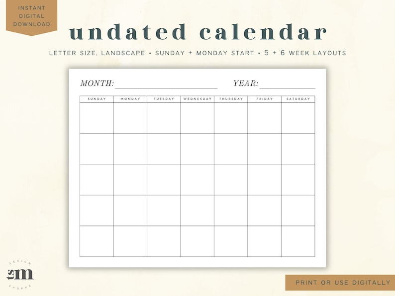Undated Calendar | Blank Calendar Printable | Digital Calendar Undated ...
