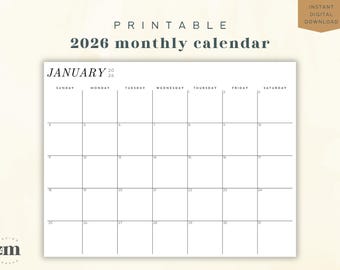 2026 Calendar Printable | Monthly Calendar Pages | Letter Size, Landscape PDF | Sunday & Monday Start