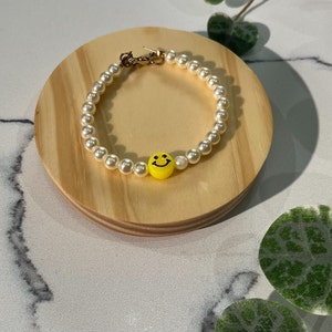 Freshwater Pearl Smiley Face Bracelet, Beaded Pearl Bracelet, Smiley Face Jewelry, Stretchy Bracelet, Natural Pearl Bracelet, Homemade