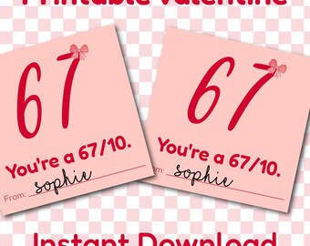 67 Valentine Printable Card for Kids | Preppy Coquette Pink and Red | Digital Download Classroom Valentine