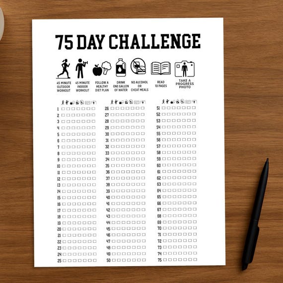 75 Day Fitness Challenge Tracker - Hard Edition | Printable Workout Planner (Digital Download)