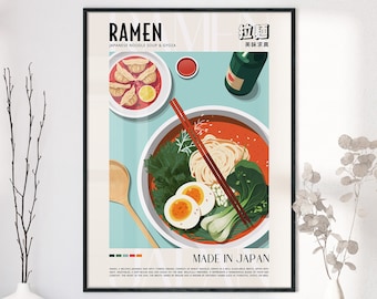 May include: A framed poster with a colourful illustration of Japanese ramen. The artwork depicts a bowl of ramen with noodles, eggs, and greens, plus dumplings and a bottle. Text includes "RAMEN" and "MADE IN JAPAN".