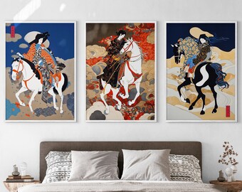 Japanese Ukiyo-e Horse Riders Printable Set of 3, Traditional Vintage Wall Art, Room Art, Above Bed Decor, Digital Print Set, Gallery Set