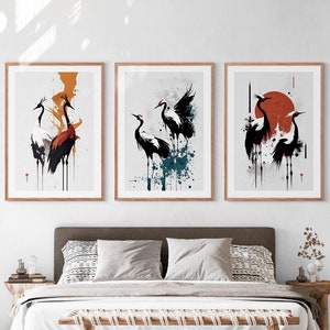 Japanese Cranes Printable Set of 3, Modern Ukiyo-e Wall Art, Living Room Art, Above Bed Decor, Birds Print, Gallery Wall Set image 2