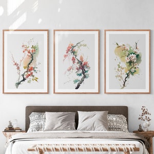 Japanese Watercolor Blossom Wall Art, Printable Set of 3, Ukiyo-e Wall Art, Living Room Art, Above Bed Decor, Digital Print Set, Gallery Set image 2