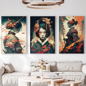 Samurai Warrior Printable Set of 3, Modern Ukiyo-e Wall Art, Living Room Art, Above Bed Decor, Digital Print Set, Gallery Wall Set, Anime image 2