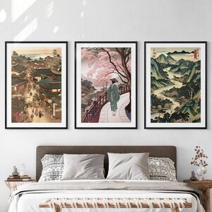 Japanese Vintage Ukiyo-e Art Printable Set of 3, Traditional Woodblock Wall Art, Living Room Art, Above Bed Decor, Digital Set, Gallery Set image 2