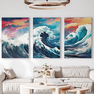 The Great Wave off Kanagawa Reimagined, Printable Set of 3, Modern Ukiyo-e Wall Art, Living Room Decor, Japanese Posters, Triptych Wall Set image 2