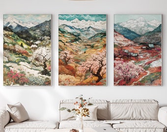 Japanese Mountains in Season Printable Set of 3, Impressionist Wall Art, Traditional Japanese Art, Above Bed Decor, Downloadable Prints