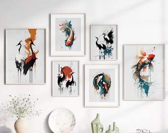 Japanese Koi Fish & Cranes, Printable Set of 6, Abstract Wall Art, Living Room Art, Above Bed Decor, Digital Print Set, Gallery Art Set