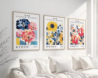 Japanese Flower Market Printable Set of 3, Hydrangea Sunflower Honeysuckle Print Set, Living Room Wall Art, Japan City Poster Print Set