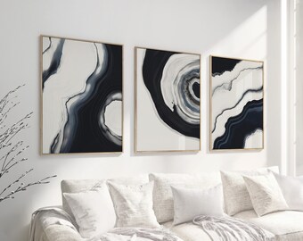 Anneaux d’arbre en marbre Ensemble imprimable de 3, Art mural abstrait, Art moderne minimaliste, Ensemble d’impression noir blanc marine, Impressions de souches d’ardoise Japandi