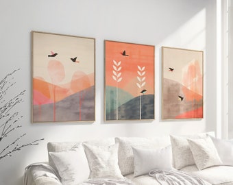 Japandi Birds Printable Set of 3, Modern Wall Art, Living Room Art, Above Bed Decor, Soft Neutral Colour Art, Bird Posters, Gallery Wall Set