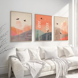 Juego de 3 pájaros japoneses para imprimir, arte de pared moderno, arte para sala de estar, decoración sobre la cama, arte en colores neutros suaves, carteles de pájaros, juego de pared de galería