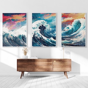 The Great Wave off Kanagawa Reimagined, Printable Set of 3, Modern Ukiyo-e Wall Art, Living Room Decor, Japanese Posters, Triptych Wall Set image 1