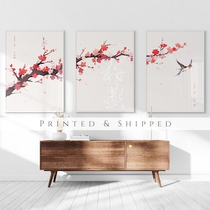 Japanese Sakura Cherry Blossom & Swallow Set of 3 Prints, Ukiyo-e Wall Art, Anime Set, Above Bed Decor, 3 Panel Print Set, Gallery Wall Set image 1