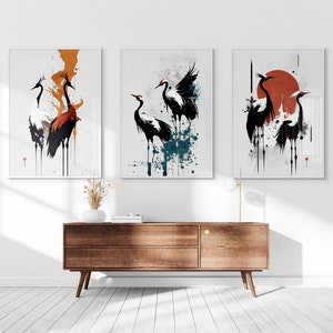 Japanese Cranes Printable Set of 3, Modern Ukiyo-e Wall Art, Living Room Art, Above Bed Decor, Birds Print, Gallery Wall Set image 1