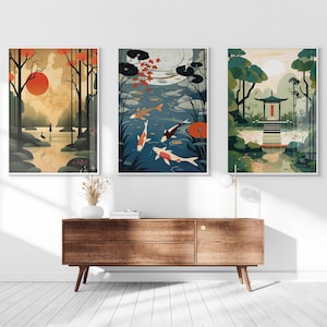 Japanese Koi Fish Zen Garden Printable Set of 3, Ukiyo-e Wall Art, Living Room Art, Above Bed Decor, Digital Print Set, Gallery Wall Set