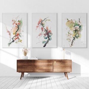 日本の水彩画の花のウォールアート、印刷可能な3枚セット、浮世絵のウォールアート、リビングルームアート、ベッド上の装飾、デジタルプリントセット、ギャラリーセット