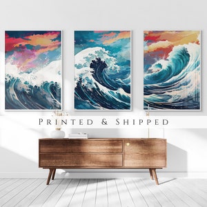 The Great Wave off Kanagawa Reimagined Set of 3 Prints, Modern Ukiyo-e Wall Art, Living Room Art, Above Bed Decor, Triptych Set, Gallery Set image 1