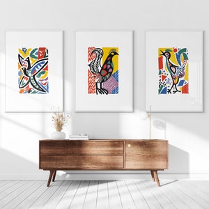 Abstract Birds Printable Set of 3, Modern Boho Wall Art, Mid Century, Living Room Art, Above Bed Decor, Digital Print Set, Gallery Wall Set image 1