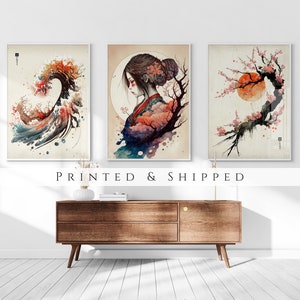 Japanese Wave & Blossom Set of 3 Prints, Ukiyo-e Wall Art, Living Room Art, Above Bed Decor, 3 Panel Print Set, Gallery Wall Set image 1