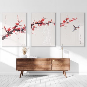 Japanese Sakura Cherry Blossom & Swallow, Printable Set of 3, Modern Ukiyo-e Wall Art, Japan Decor, Anime Manga Set, Triptych Posters image 1