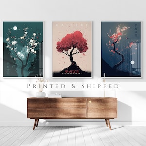 Japanese Blossom Poster Set of 3 Prints, Modern Ukiyo-e Wall Art, Living Room Art, Above Bed Decor, 3 Panel Print Set, Gallery Wall Set image 1