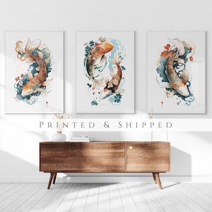 Japanese Koi Fish Set of 3 Prints, Abstract Wall Art, Living Room Art, Above Bed Decor, 3 Panel Print Set, Gallery Wall Set image 1