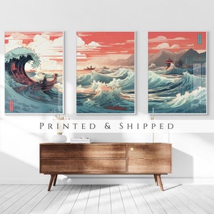 The Great Wave off Kanagawa Reimagined Set of 3 Prints, Modern Ukiyo-e Wall Art, Living Room Art, Above Bed Decor, Triptych Set, Gallery Set image 1