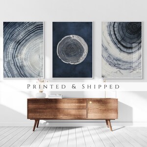 Set di 3 stampe "Boho Tree Rings", arte murale blu navy neutro, arte moderna minimalista astratta, set di 3 stampe a pannello, stampe Japandi Stump