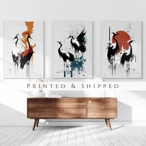 Japanese Cranes Set of 3 Prints, Modern Ukiyo-e Wall Art, Living Room Art, Above Bed Decor, 3 Panel Print Set, Gallery Wall Set image 1