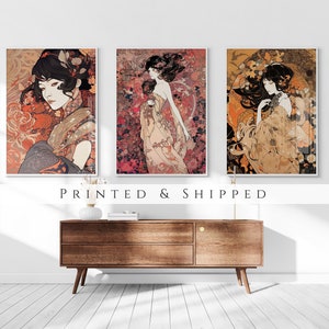 Art Nouveau Ukiyo-e Fashion Set of 3 Prints, Vintage Japan Wall Art, Living Room Art, Above Bed Decor, 3 Panel Print Set, Gallery Wall Set image 1