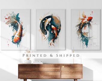 Japanese Koi Fish Set of 3 Prints, Abstract Wall Art, Living Room Art, Above Bed Decor, 3 Panel Print Set, Gallery Wall Set