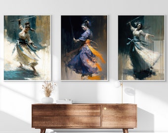 Samurai Sword Dance Printable Set of 3, Japanese Wall Art, Living Room Art, Above Bed Decor, Digital Print Set, Gallery Set, Romanticism